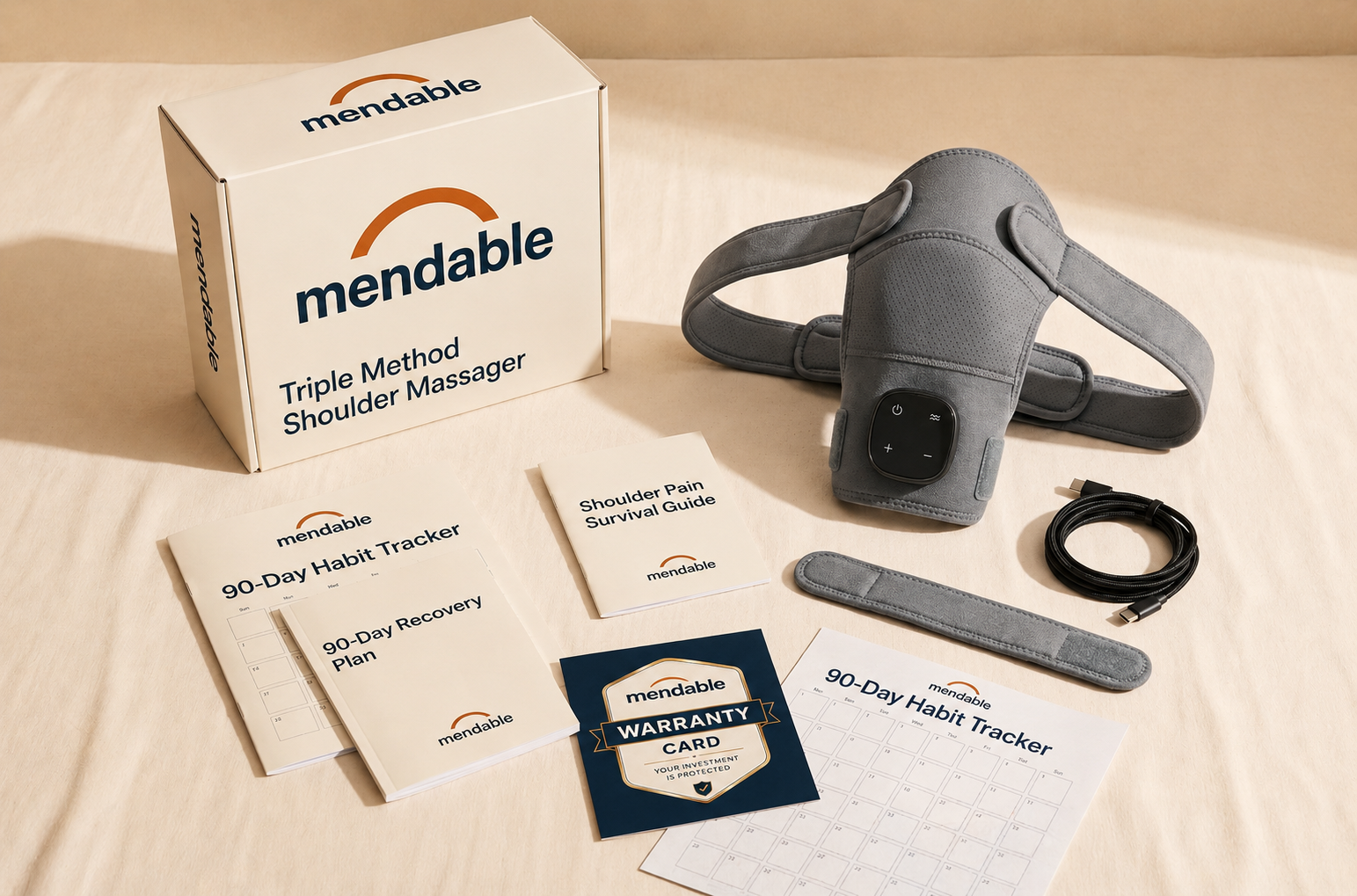Wide unboxing shot — full kit laid out on warm-cream surface